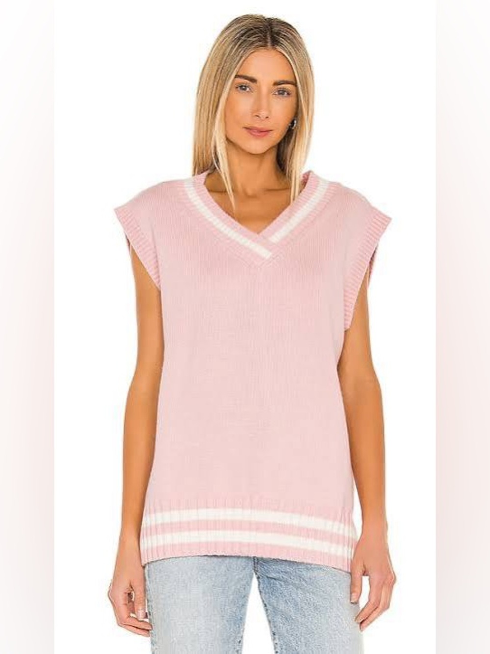 Lovers + Friends Adiel Pink White Varsity Sweater Vest Size Medium